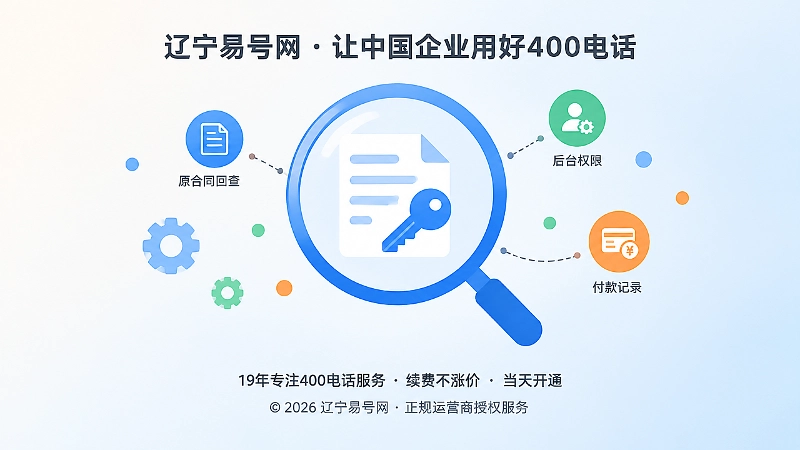 放大镜聚焦抽象合同页与钥匙图标，代表回查合同与后台权限