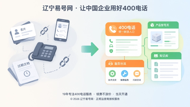 对比式扁平插画：左侧旧联系方式分散，右侧400电话统一入口