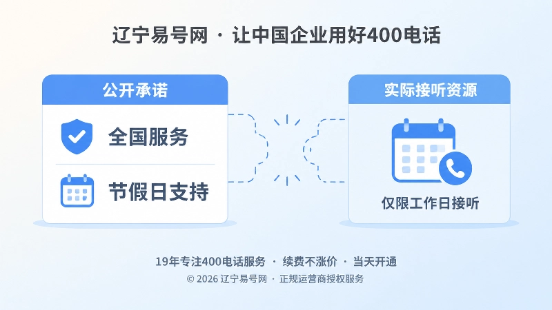 对比式扁平插画：左侧公开服务承诺多，右侧接听资源少，中间形成承诺缺口。